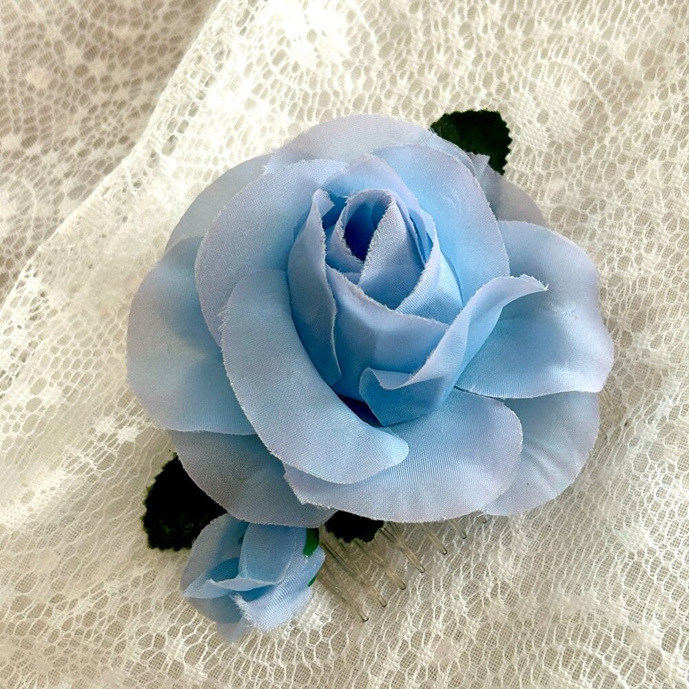 Vintage Blue Rose Hair Comb 80s Bridal Something Blue